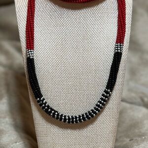 Elegant Red, Silver & Black Beaded Necklace